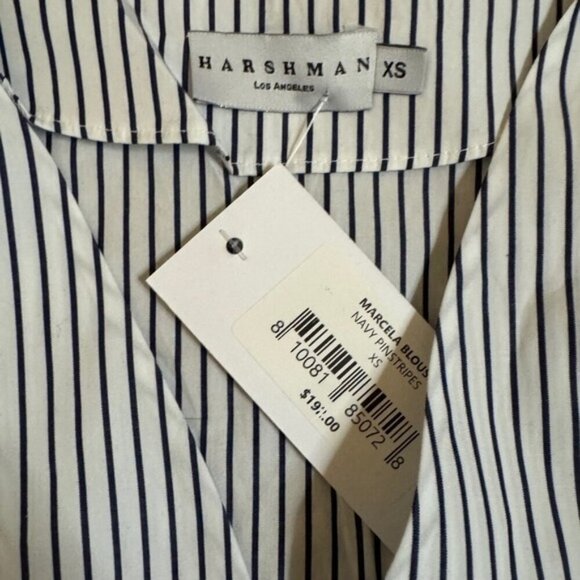 Harshman XS Marcela Stripe Puff-sleeve Peplum Wrap Blouse Navy NWT MSRP $192 - Picture 7 of 9